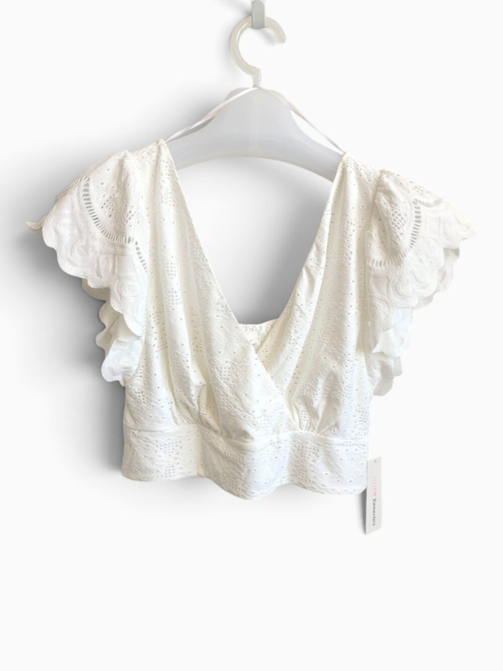 Urban Romantics L White Eyelet Crop Top Flutter Sleeve Smocked Cottagecore